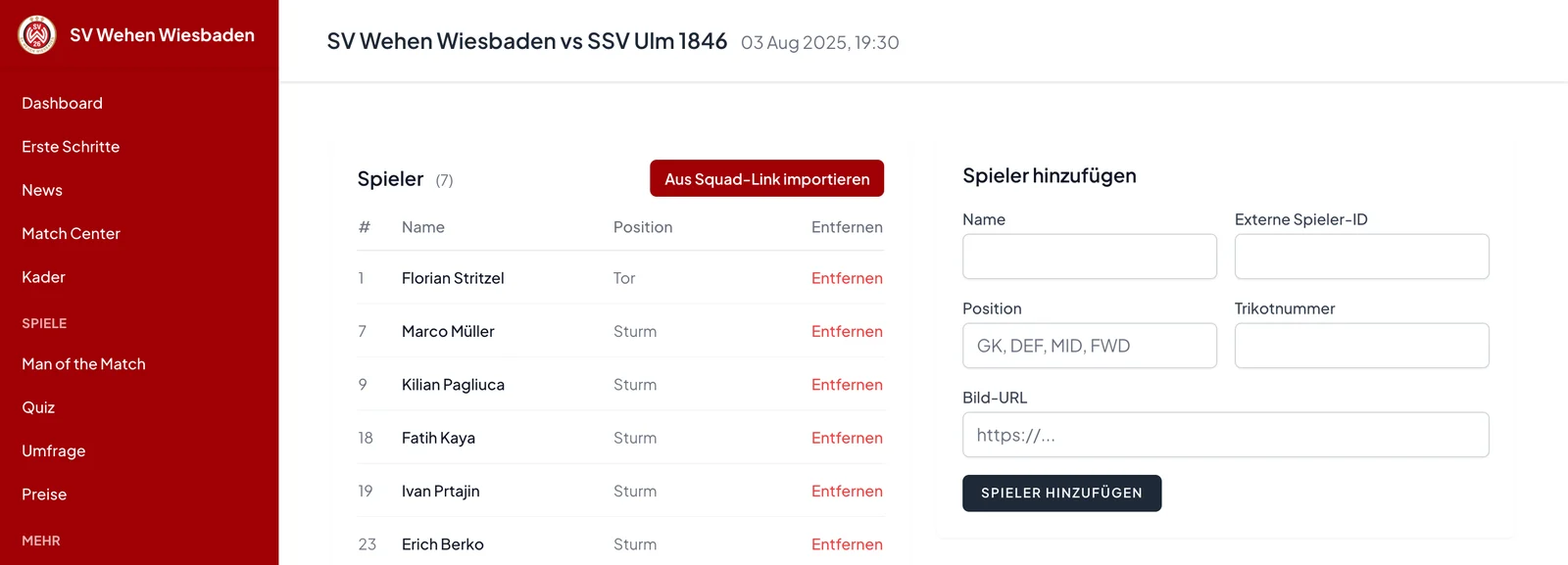Spielerverwaltung für die Man-of-the-Match-Wahl im Vereinsbereich von FanGames
