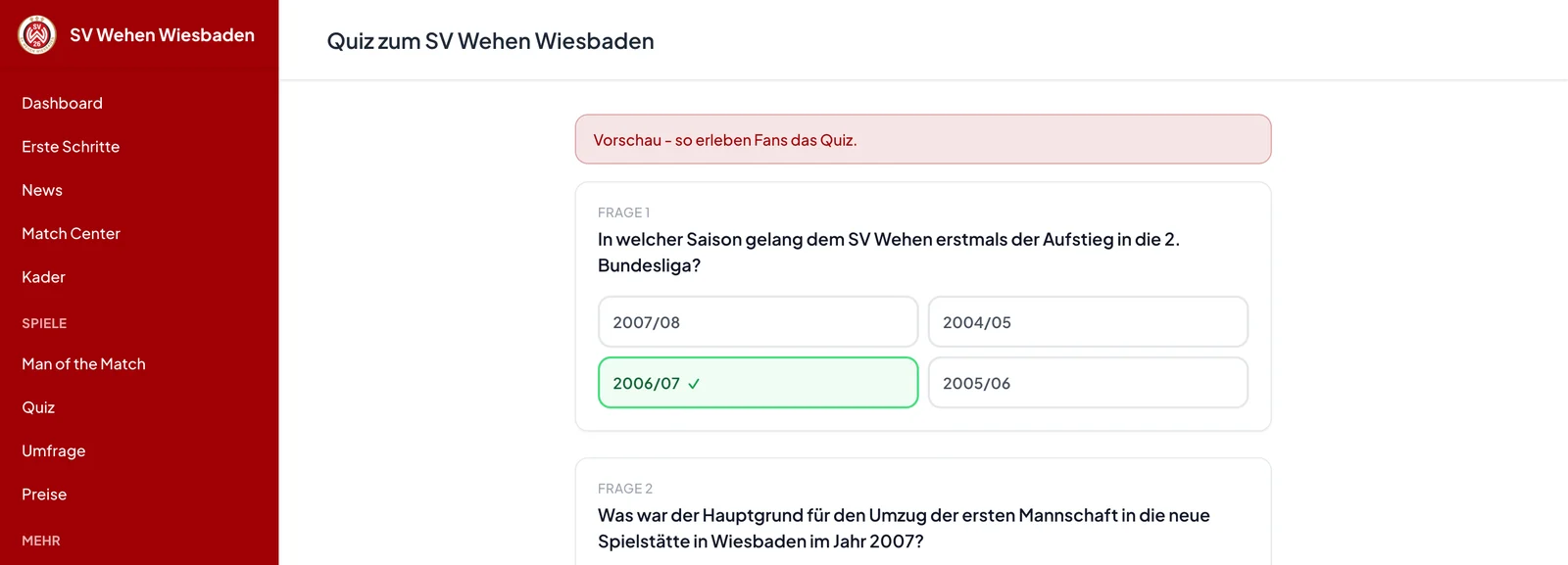 Quiz mit Fragen und markierten Antworten im Vereinsbereich von FanGames