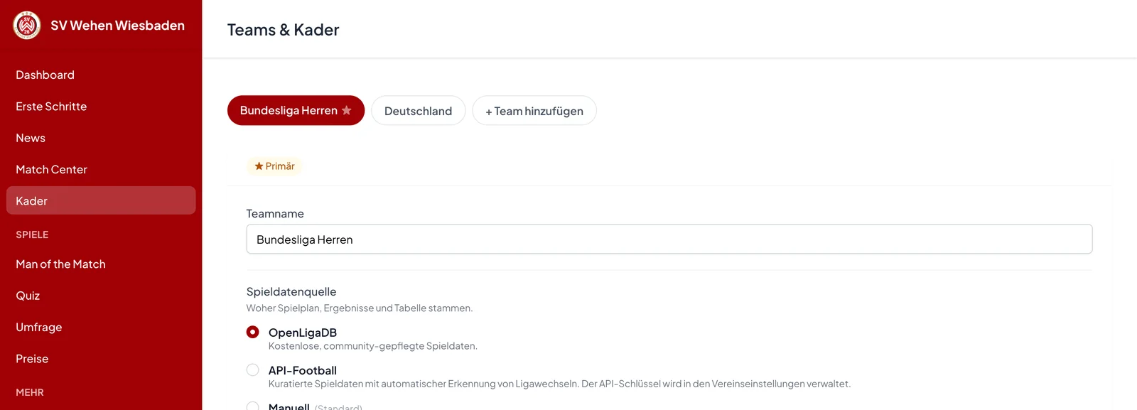 Teams-und-Kader-Seite im Vereinsbereich von FanGames